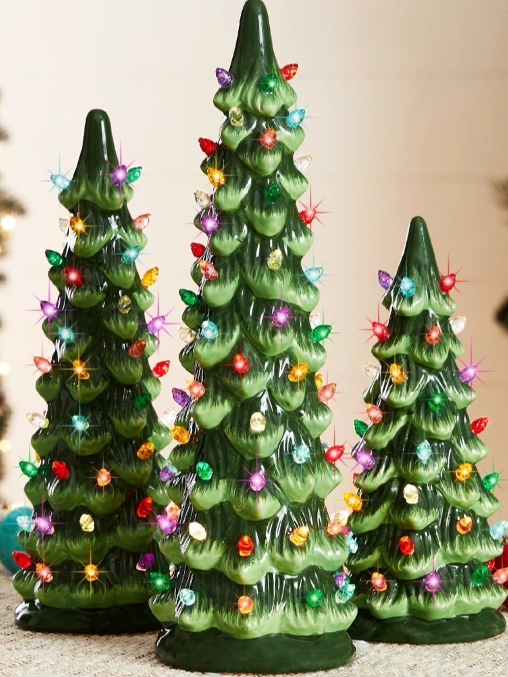 Set of 3 Green Pre-Lit LED Ceramic Artificial X-mas Trees with 18-Multicolors